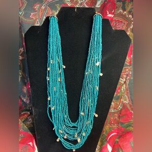 Time & Tru Seed Bead Multi Strand Necklace In Teal with Gold Tone Flower Accents